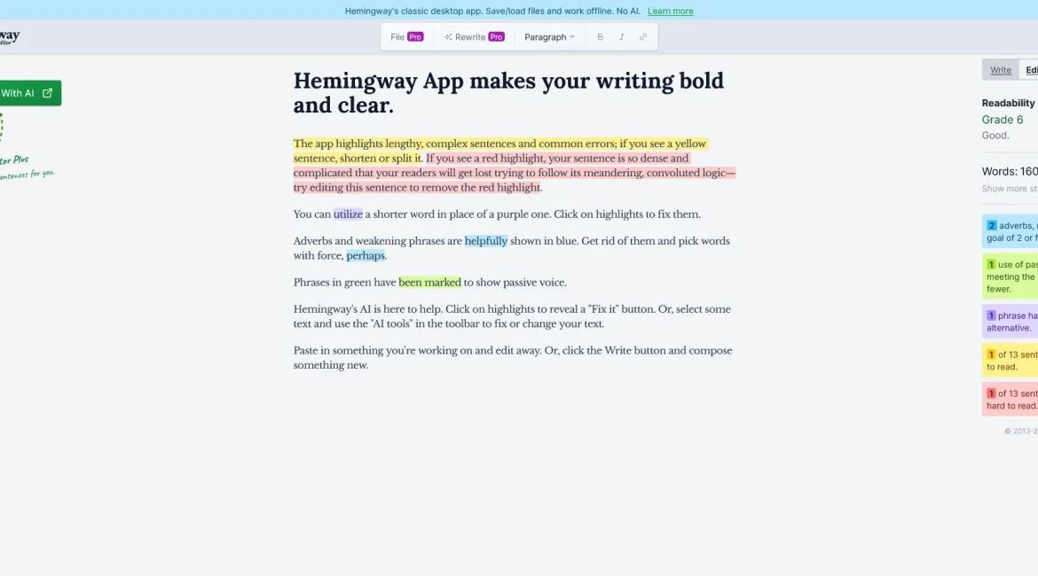 AI工具与服务推荐 - Hemingway Editor - 英文写作质量提升应用 - 特色图片